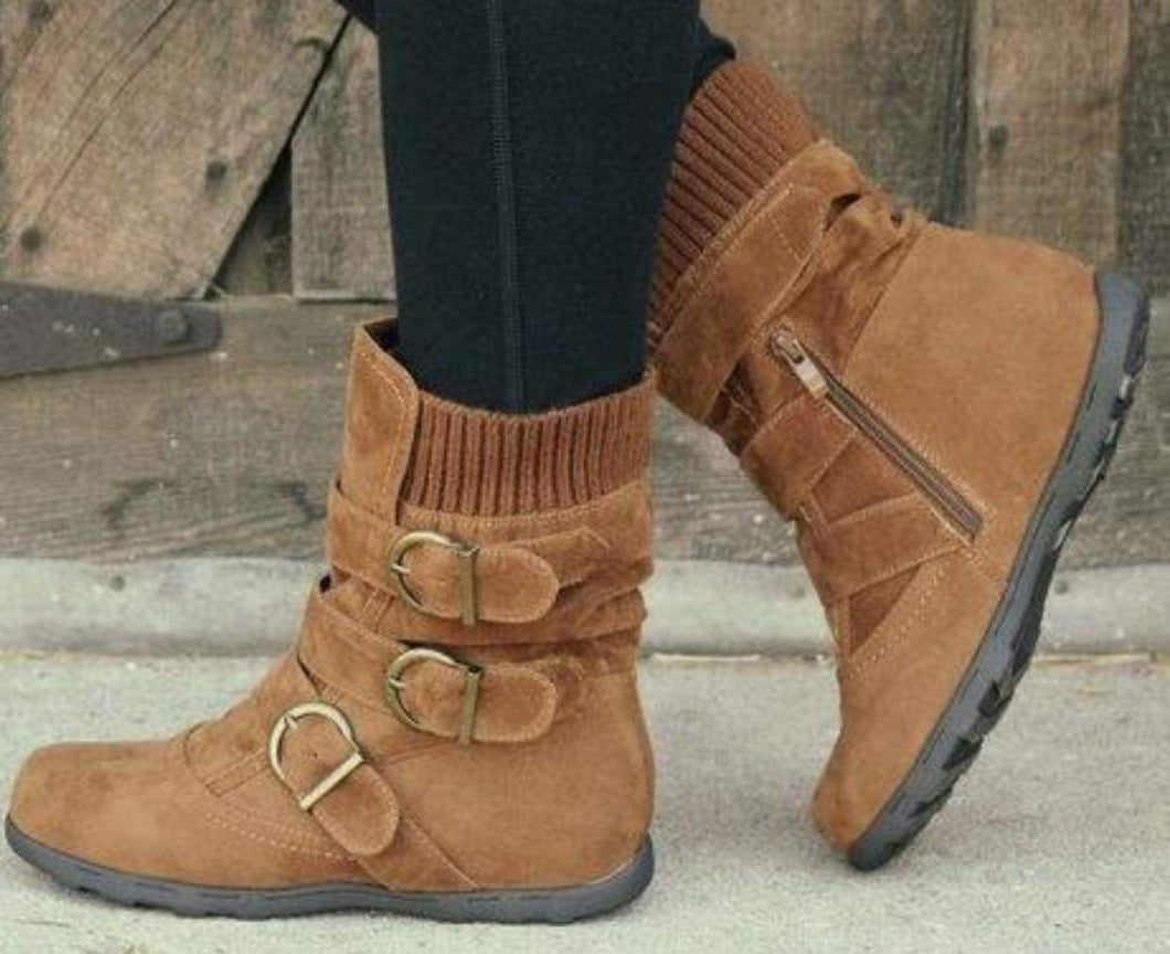 Faux Leather Knit Buckle Bootie