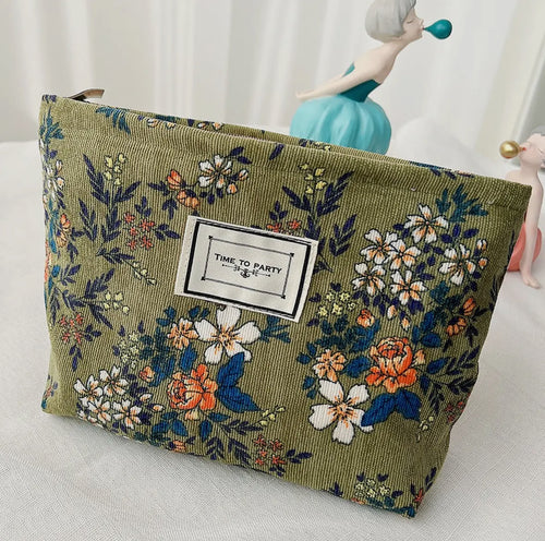Olive Floral Corduroy Makeup Bag