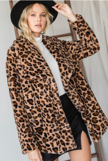 Faux Fur Leopard Open Jacket