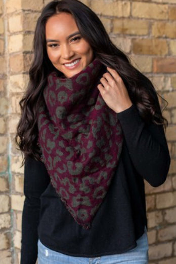 Plum and Olive Leopard Blanket Scarf