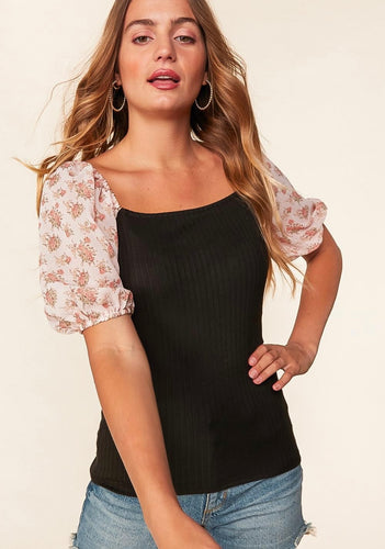 Rib Knit and Floral chiffon Bubble Sleeve