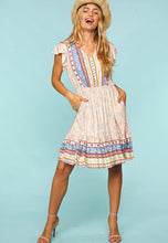 Load image into Gallery viewer, Pale Blush &amp; Blue Bohemian Floral Button dress