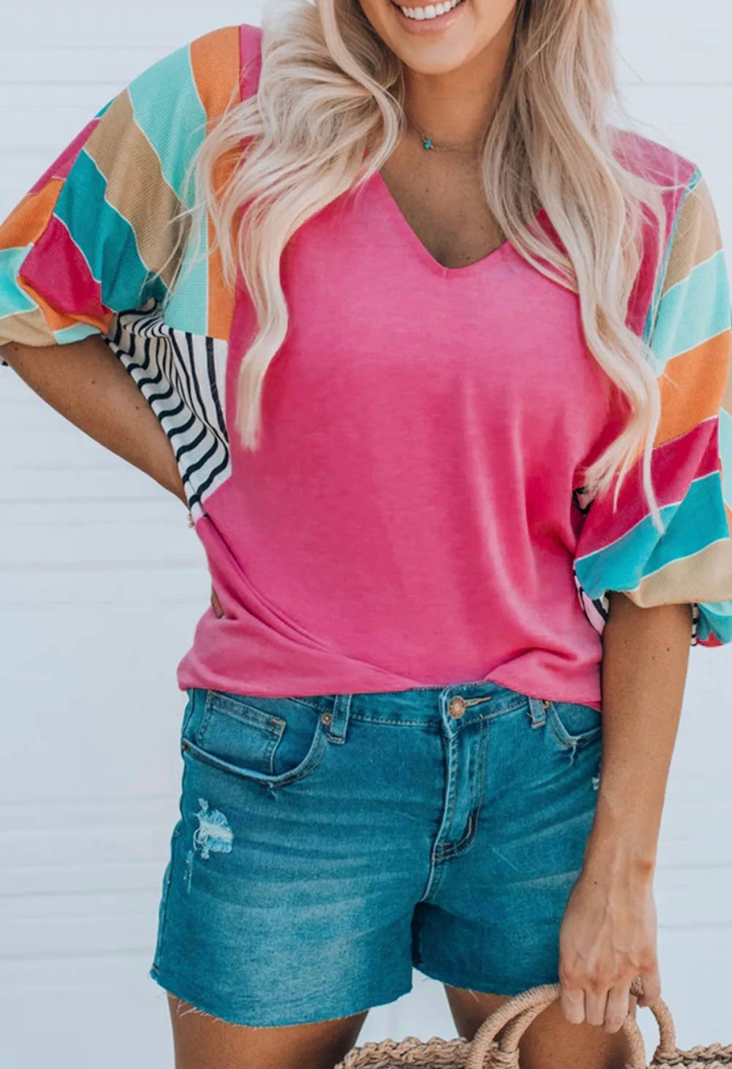 Rose Stripe Color Block Bubble Sleeve Top