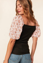 Load image into Gallery viewer, Rib Knit and Floral chiffon Bubble Sleeve