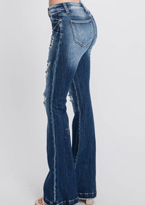 Midrise Distressed Flare Denim