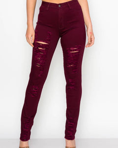 Burgundy Distressed Skinny Denim