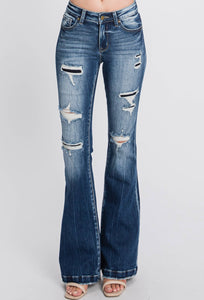 Midrise Distressed Flare Denim