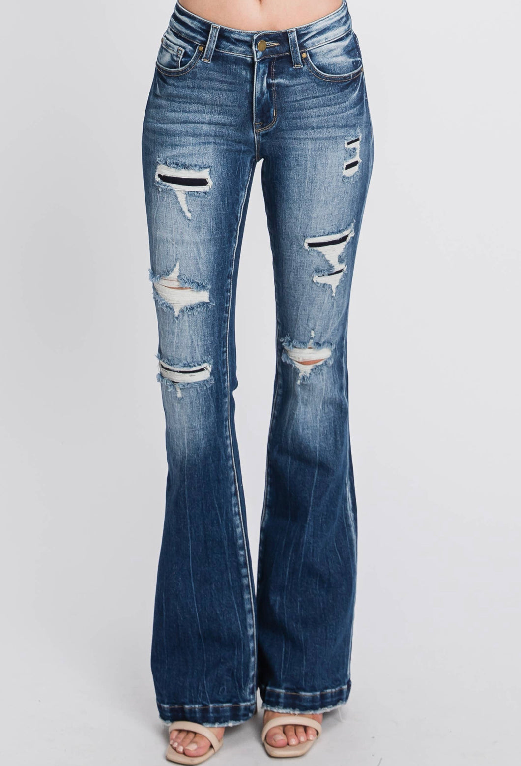 Midrise Distressed Flare Denim