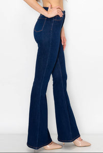 High waisted dark Wash button flare