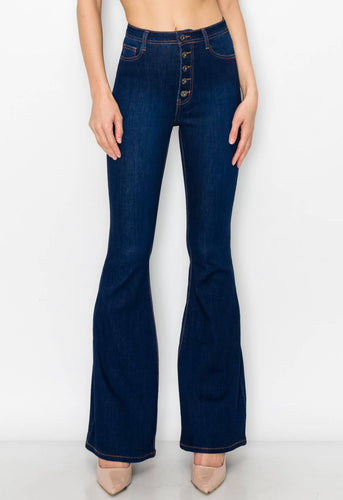 High waisted dark Wash button flare