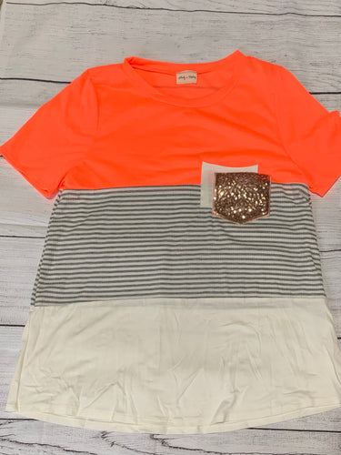 Neon Coral Colorblock Pocket Crew T