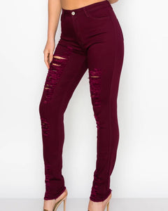 Burgundy Distressed Skinny Denim