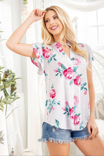 Floral Flutter Sleeve Mandarin Collar Top